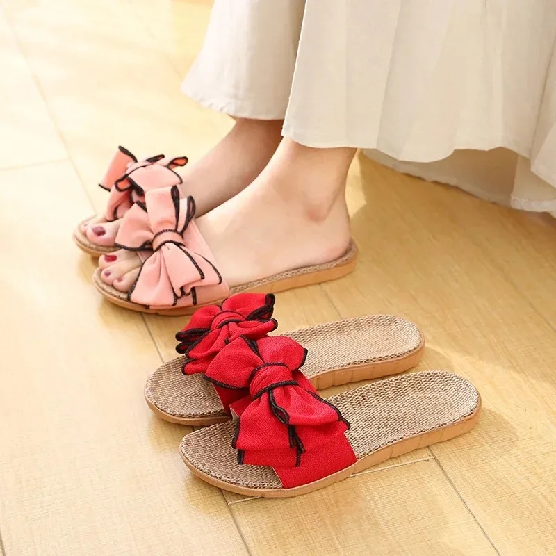 Women Summer Casual Slides Comfortable Flax Slippers Striped Bow Linen Flip Flops Platform Sandals Ladies Indoor Shoes