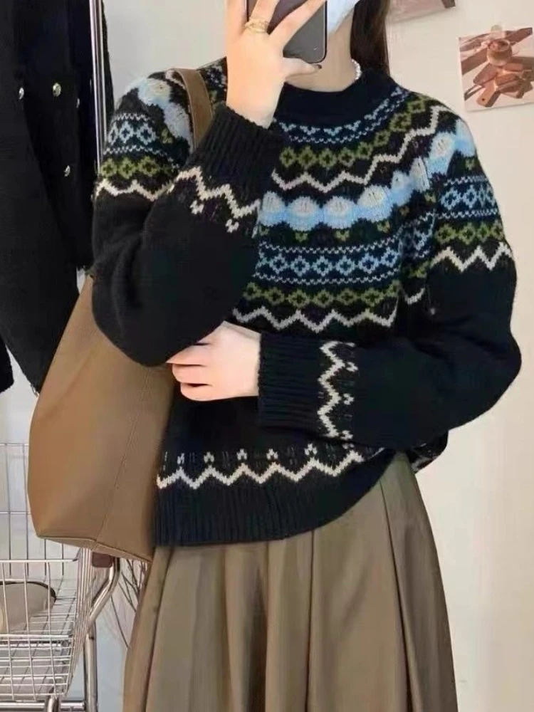 

Vintage Fair Isle Jacquard Sweater Women's Korean Fall Winter Thickened Soft Knit Pullover Geometric Color Block Fluffy Knitwear