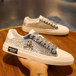 2024 European New Men Leather Casual Shoes Street Luxury Tinsel Skulls Flats Skateboard Shoes Fashion Trend Sneakers