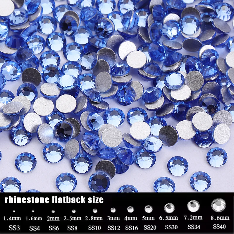Light blue/Light Sapphire All Size Flat back Non Hot-fix Stone Glue on Nail Art Rhinestones,Boutique Clothing decoration