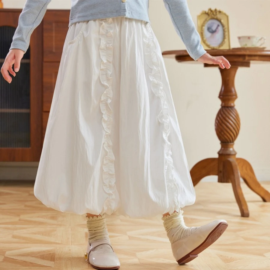 

School Teen Girls White Skirt Spring Fall Long Casual Tiered Ruffle Dress Sweet Lace Trim Elegant Skirt for Toddler To Big Kids