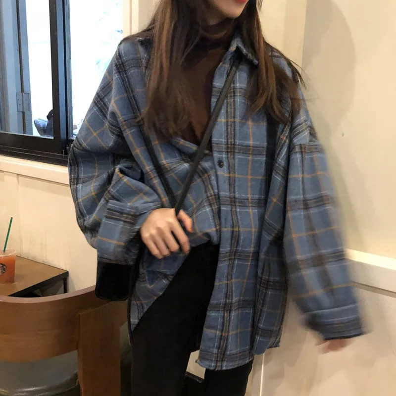 Spring Autumn Loose Women's Long Sve Irt Retro Hong Kong Sle Plaid Small Ence Design Casual Collar Plus Size