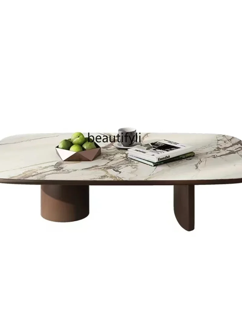 

zzItalian Rectangular Stone Plate Tea Table Solid Wood Paint Living Room Generation Light Luxury Tea Table