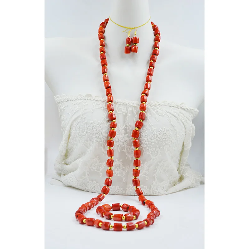 

12MM Natural Coral Sweater Necklace/Bracelet/Earrings. African Women's Wedding Jewelry Set 50”