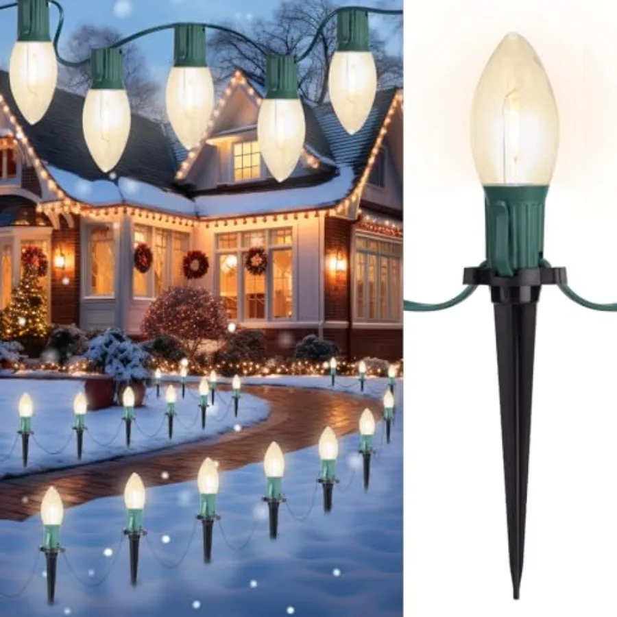 

C9 LED Christmas Pathway Lights, 2 Sets Total 51.4 Ft Christmas Path Light with 40 Bulbs and Stakes, Extendable Waterproof Stri