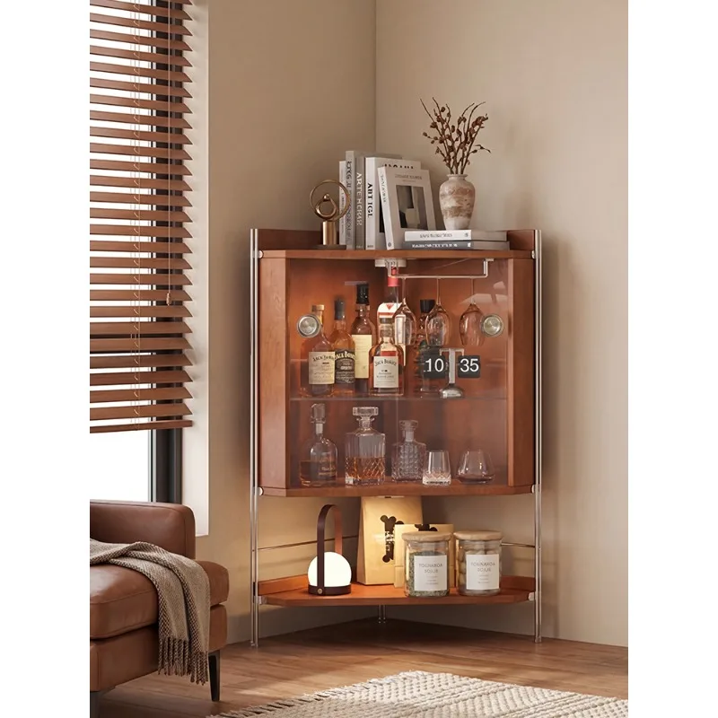 Retro corner cabinet, solid wood living room French triangular shelf, integrated storage and storage wall floor-to-ceiling