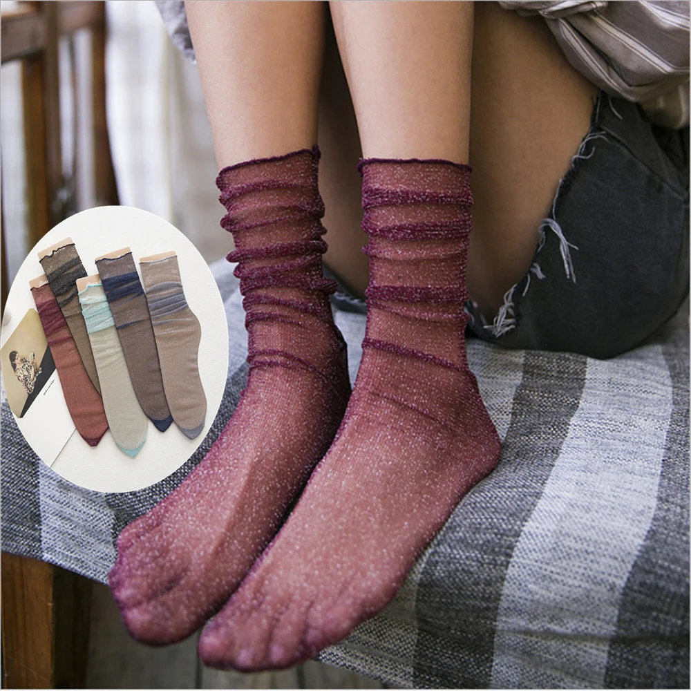 Socks New Retro Shine Hosiery Women's Socks Spring and Summer Thin Pile Socks Gold and Silver ruffle Mesh Tulle Socks