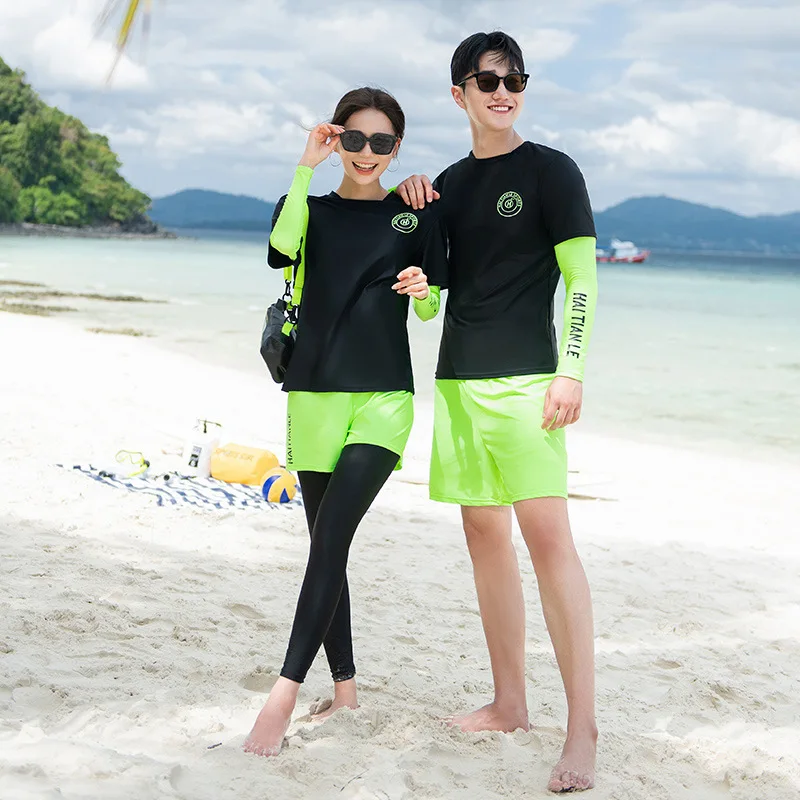 Women Men's 3-5 Pieces Rash Guard Neon Boy Shorts Long Sleeve T-Shirt Swimsuit Bathing Suit Wetsuit Beachwear Couple Tracksuit