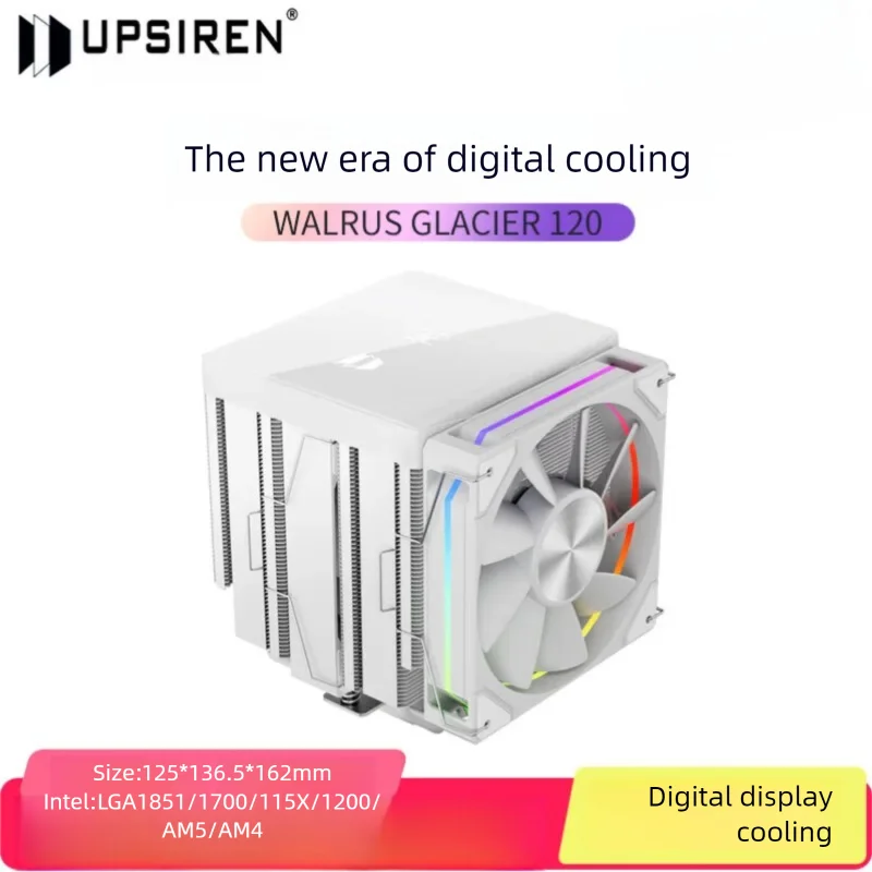 

UPSIREN Walrus Glacier 120 Digital Air Cooling Radiator,6 heat pipes dual towers dual fans/Support LGA1851/1700/115X/AM5/AM4