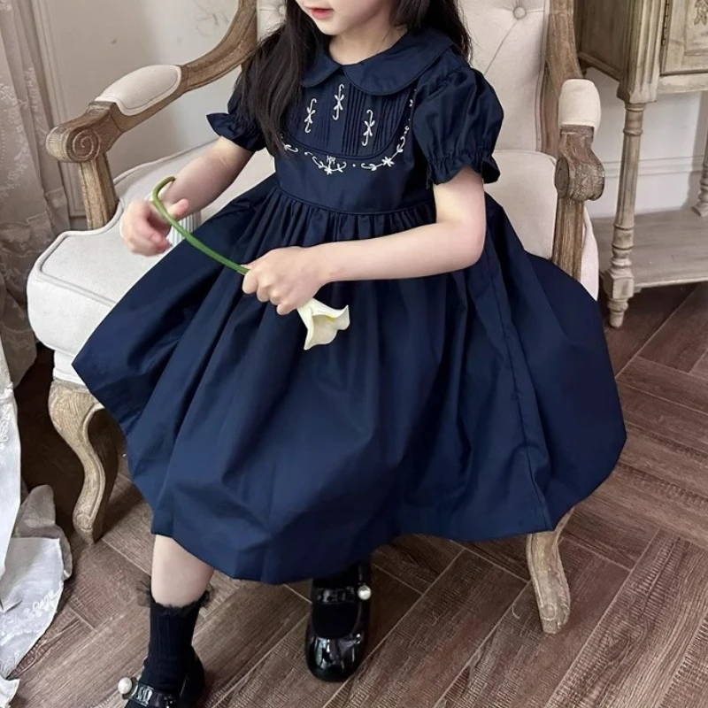 

Girls Navy Blue Embroidered Summer Dress 2024 Vintage Flair Short Sleeve Cotton Blend Party Dress Smocked Waist for Kids