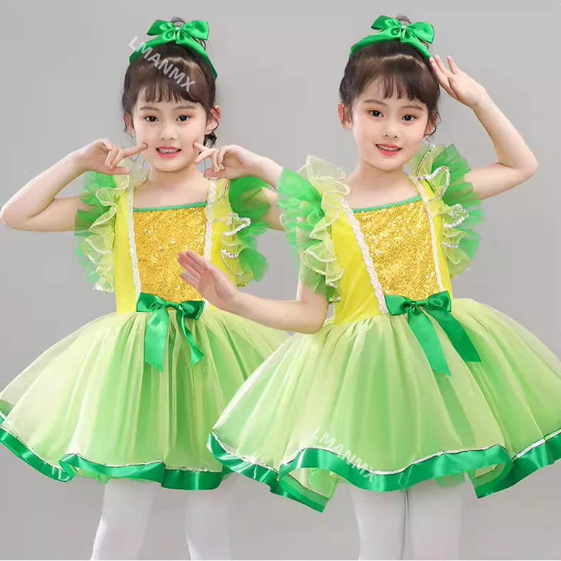 Lindo vestido de gasa de princesa con lentejuelas para niña, me encanta comer verduras, actuación esponjosa, disfraces de danza