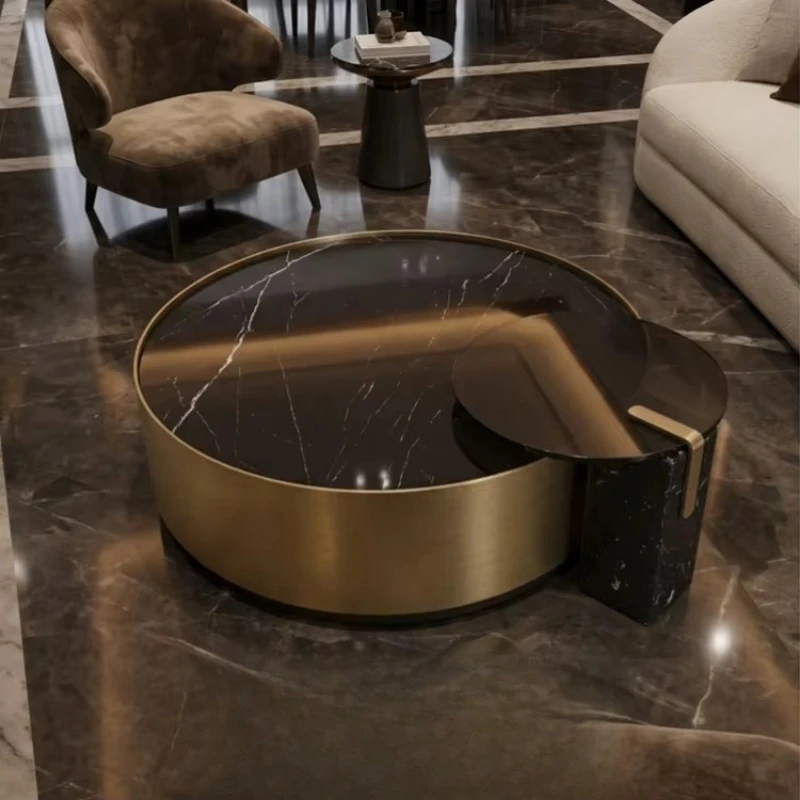 High-quality asymmetric C-shaped calcined stone surface brass base high-end casual coffee table