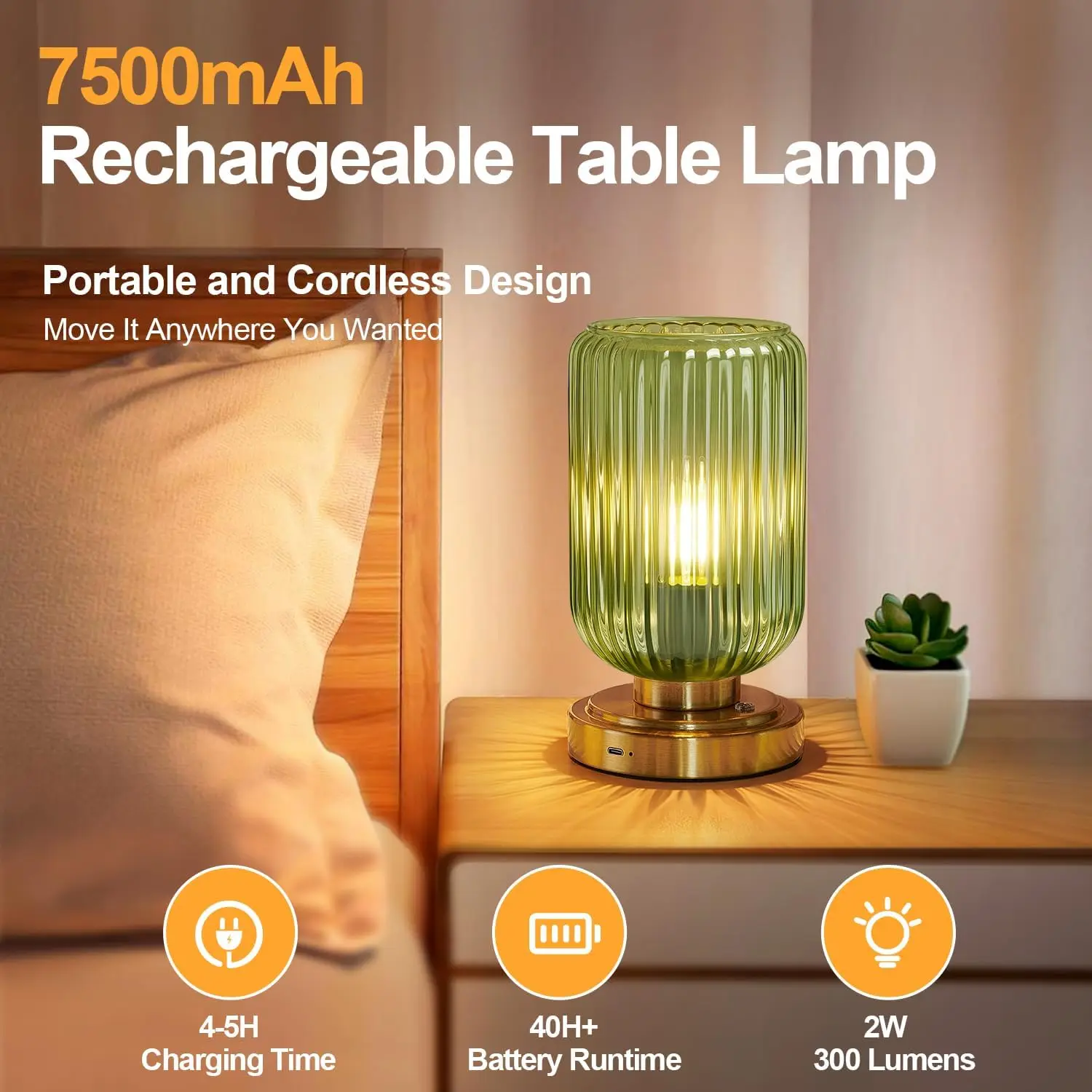 Rechargeable Cordless Table Lamp, 7500mAh Battery, Touch Dimmable, Gold Base Green Glass Shade for Bedroom Desk