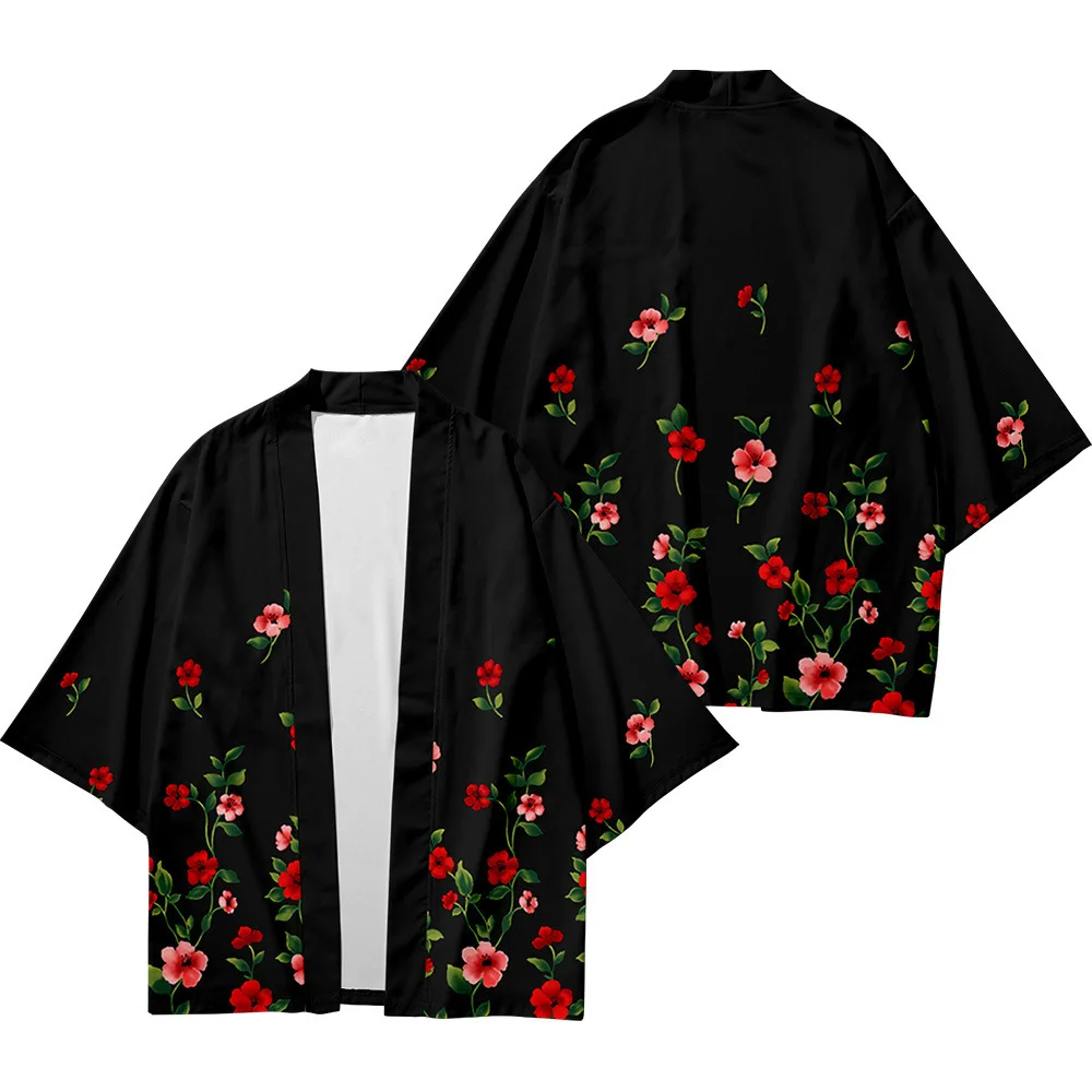 

Black Kimono Cardigan Women Men Japanese Obi Male Yukata Men's Haori Japanese Wave Carp Print Coat Traditional Japan Clothing