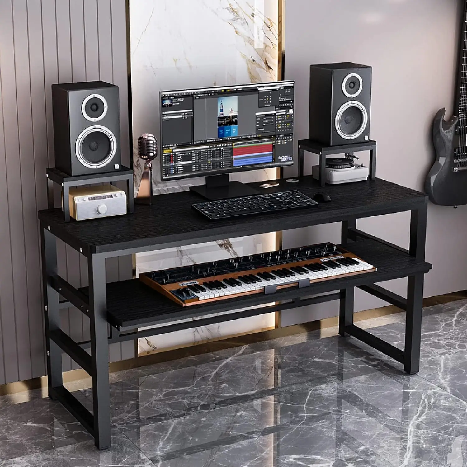Music Studio Recording Desk with 1 Piano Keyboard Tray, Music Production Workstation, Home Office Furniture Wooden Table