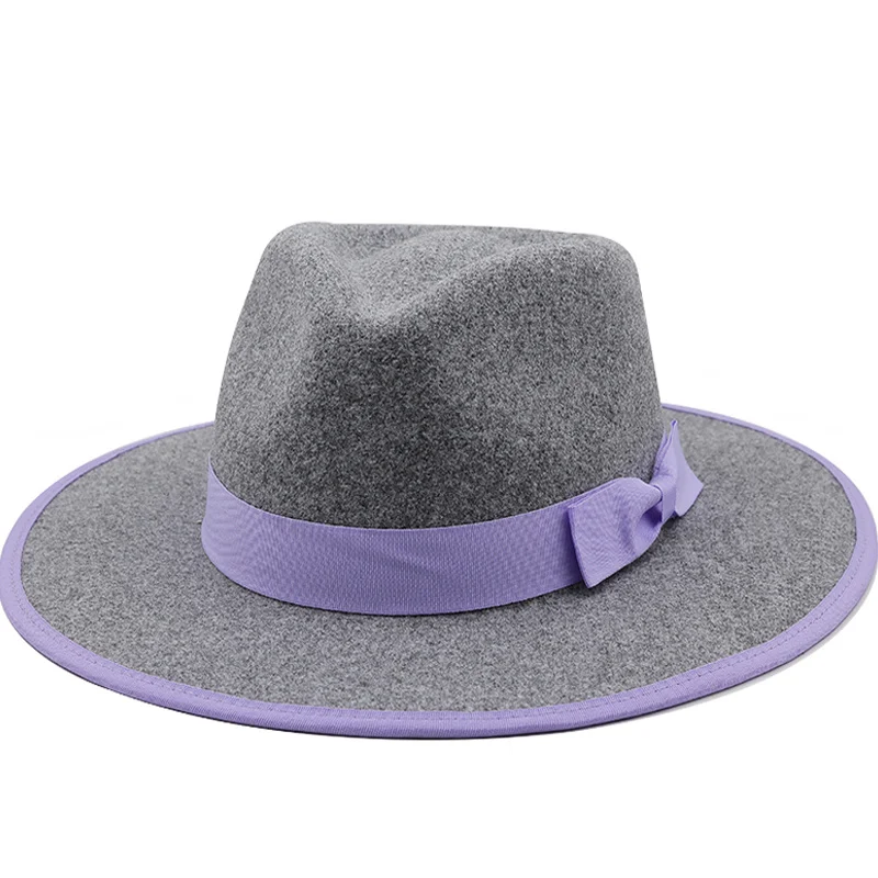 Gray Women Men Wool Fedora Hat With Bow Ribbon Gentleman Elegant Lady Winter Autumn Wide Brim Jazz Church Panama Sombrero Cap
