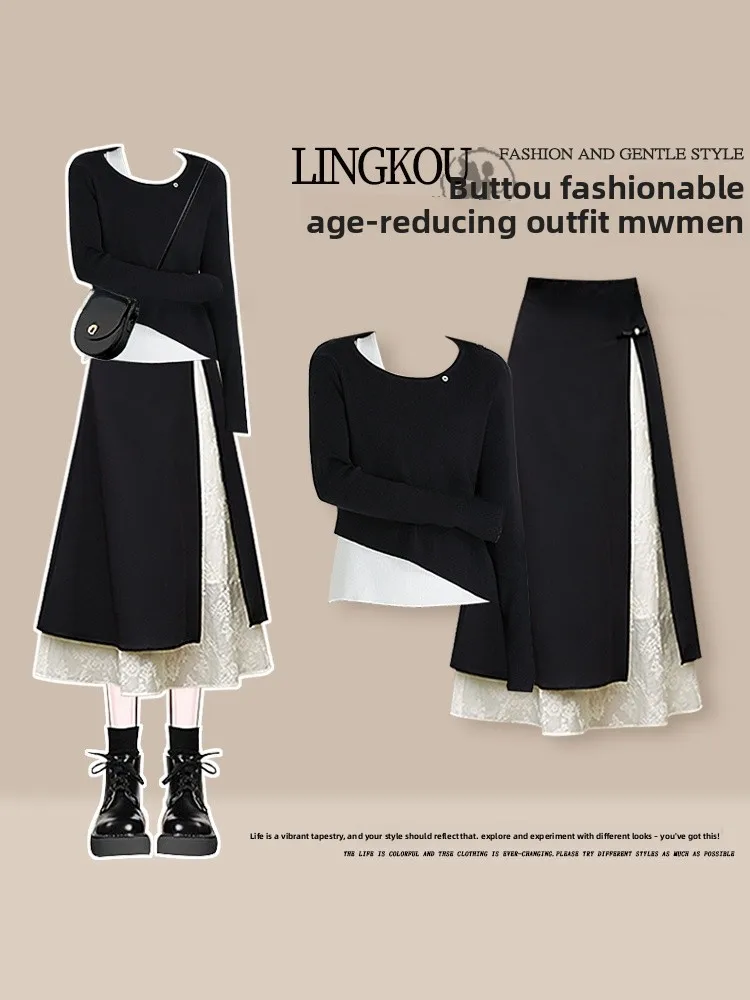 

Комплект из двух предметов: вязаная юбка с высокой талией и имитацией двухслойности, в студенческом стиле, осенний, больших размеров, для женщин, с эффектом похудения и омоложения