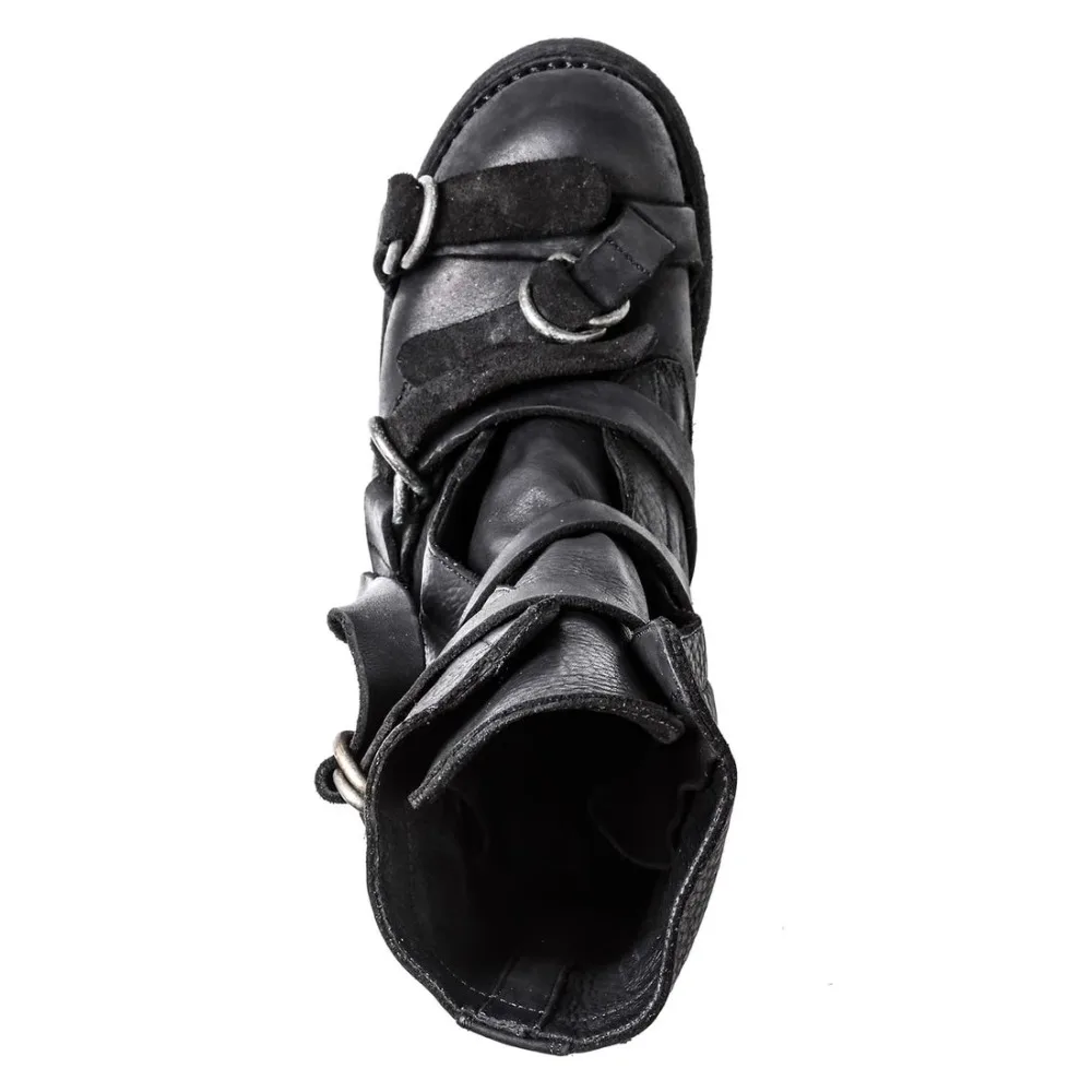Men's Leather Motorcycle Boots Punk Retro Thick Soled Mid-Calf Knight Boots Black Soft Belt Buckle Strap High-top Moccasin Shoes view 3