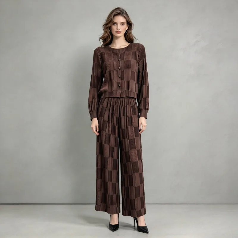 Miyake Pleated Pants Set Plisse 2026 Retro Plaid Jacquard Pleats 2-Piece Set Autumn New Elegant Commuter Casual Fold Set Women