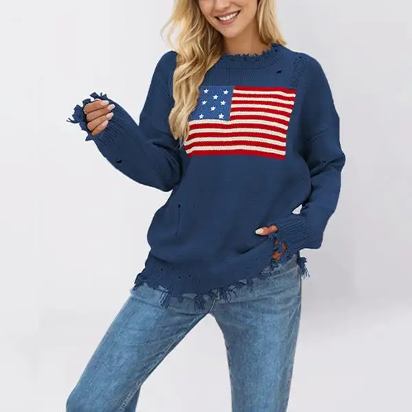 Faionable Round Ne Sweater Damen Thiened Long Sve Strickoberteil Independence Day Festival Sle Herbst Winter Neu Ar...
