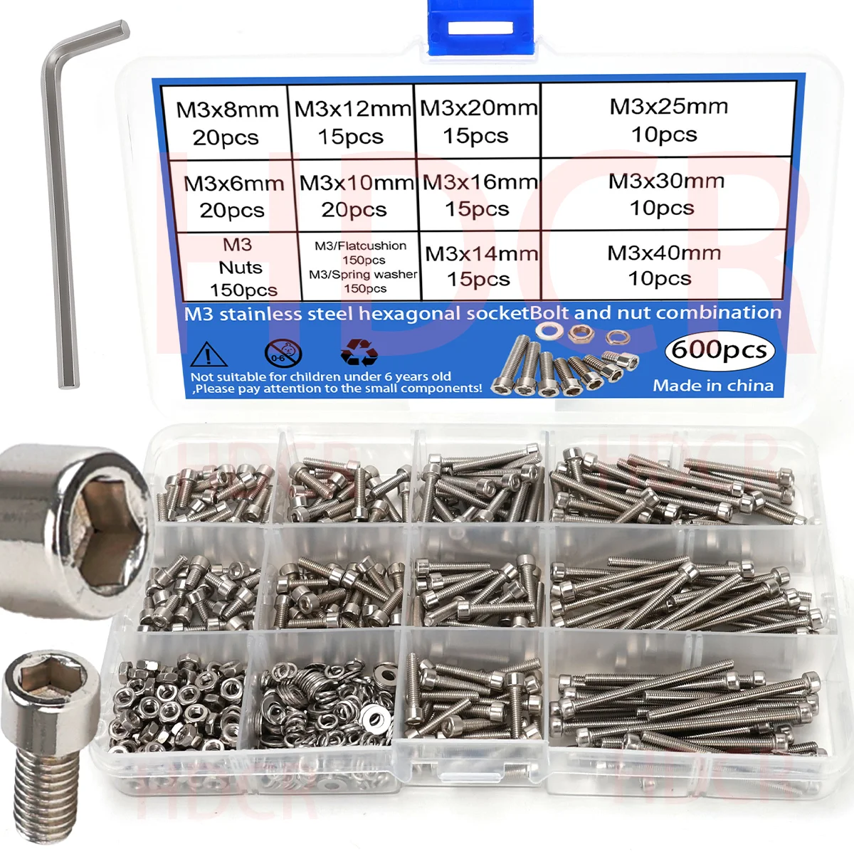 600 stuks RVS zeskantboutjes en -moeren set - M3, M4, M5, M6 kopmoeren met zeskant - Inclusief vlakke ringen