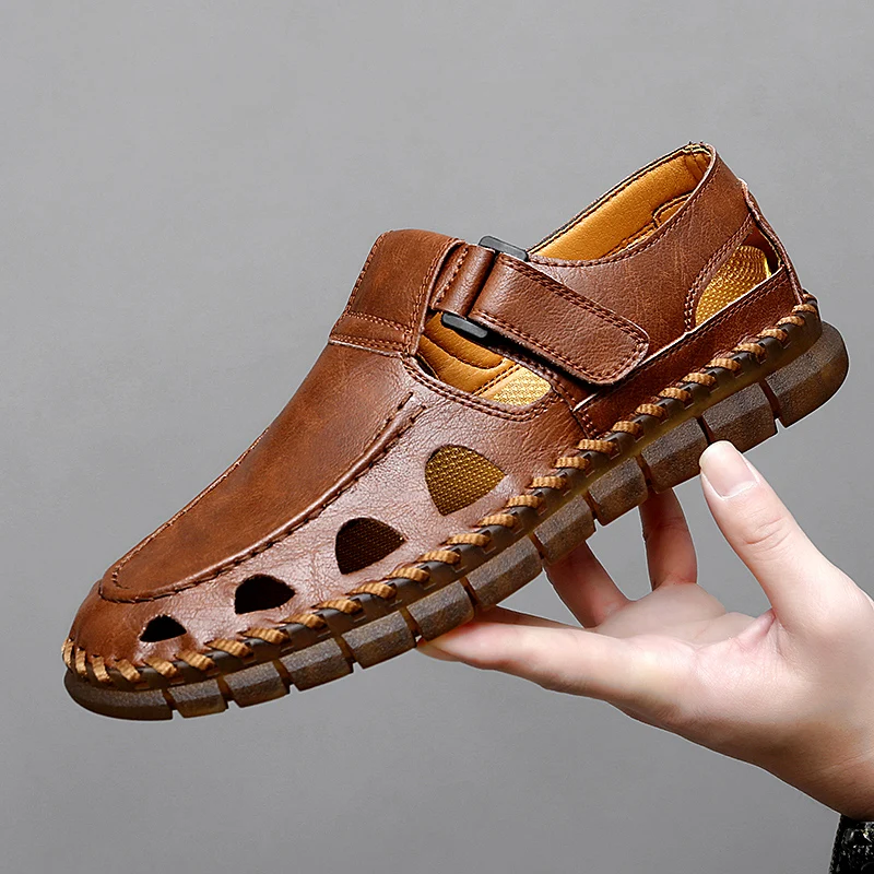 Genuine Leather Men's Summer Shoes Hot Sale Male Sandals New Fashion Handmade Hollow Out Roma Flats Quick Dry Wading Aqua Shoes