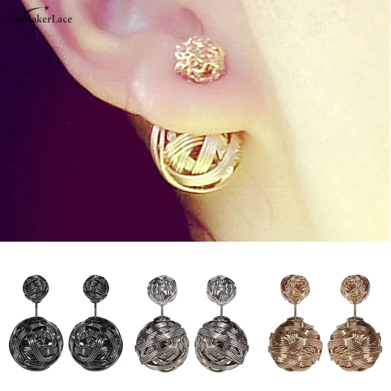 1Pair Double Sides Pearl Earring For Girls Women gold-color Jewelry Women Two Gold Balls Stud Earrings