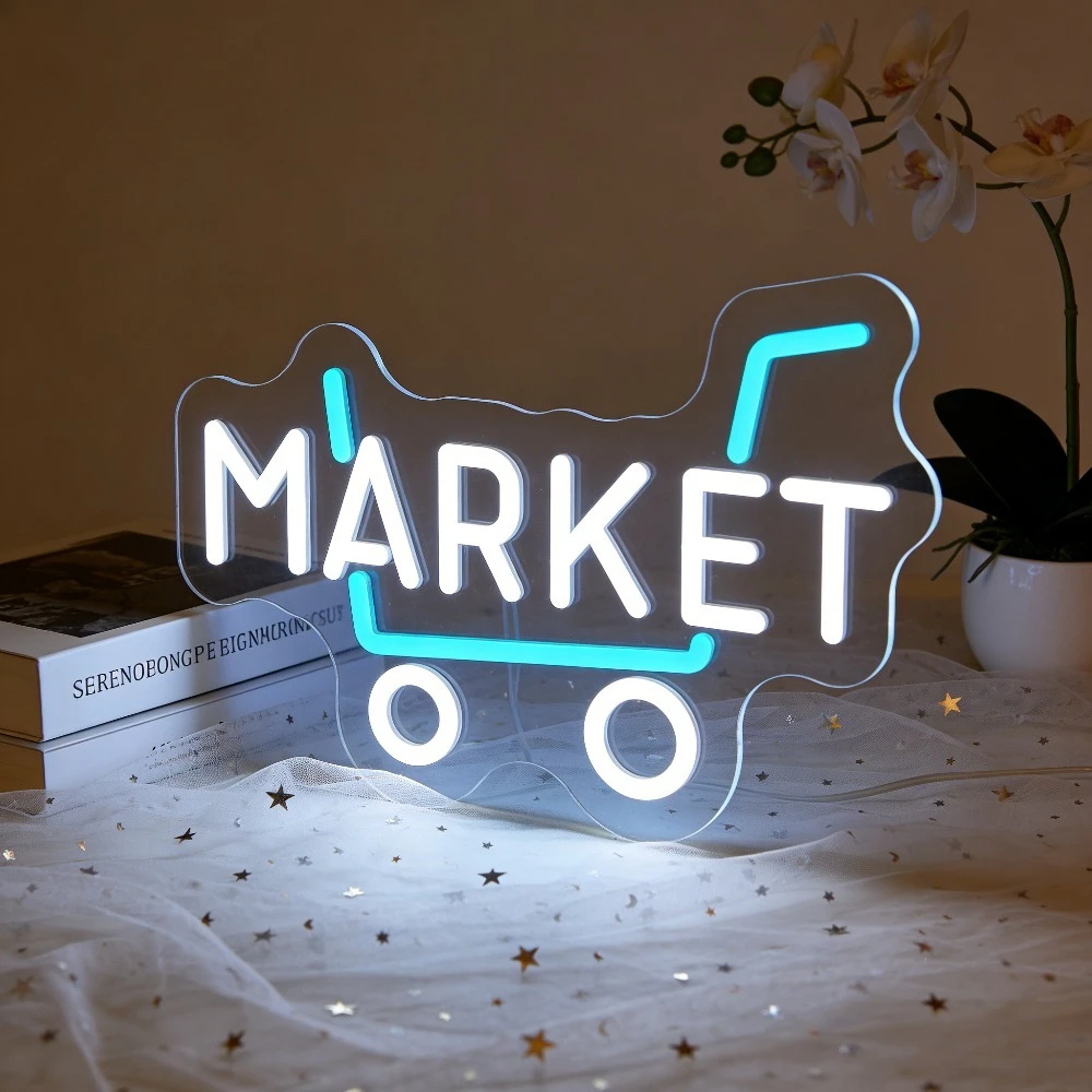 

Неоновая LED-вывеска MARKET Shopping Cart для дома, бара, кафе, свадебной вечеринки, магазина, декора, креативного настенного искусства, романтического атмосферного освещения