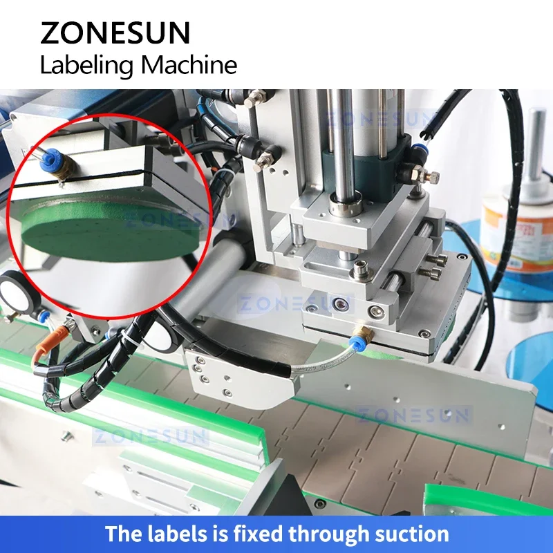 Zonesun Etichettatrice automatica a doppia stazione per bottiglie coniche Applicatore di etichette superiori e corpo ZS-TB770
