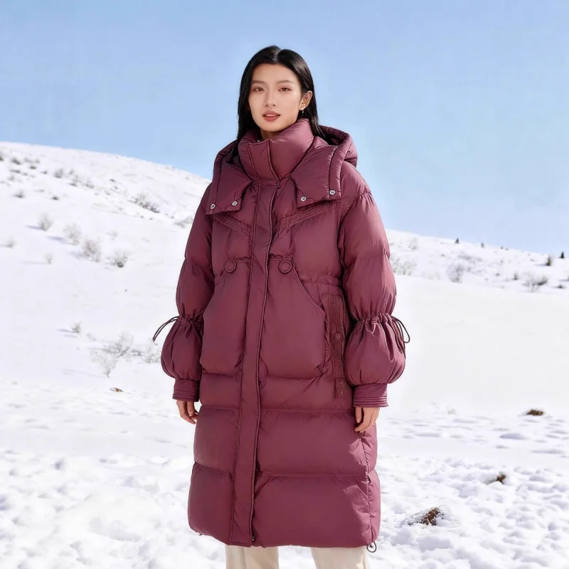เสื้อแจ็คเก็ตขนเป็ดยาวสำหรับผู้หญิง รุ่นใหม่ประจำฤดูหนาวปี 2025 แขนทรงดอกตูม แฟชั่นทันสมัย มีฮู้ด อุ่นหนา