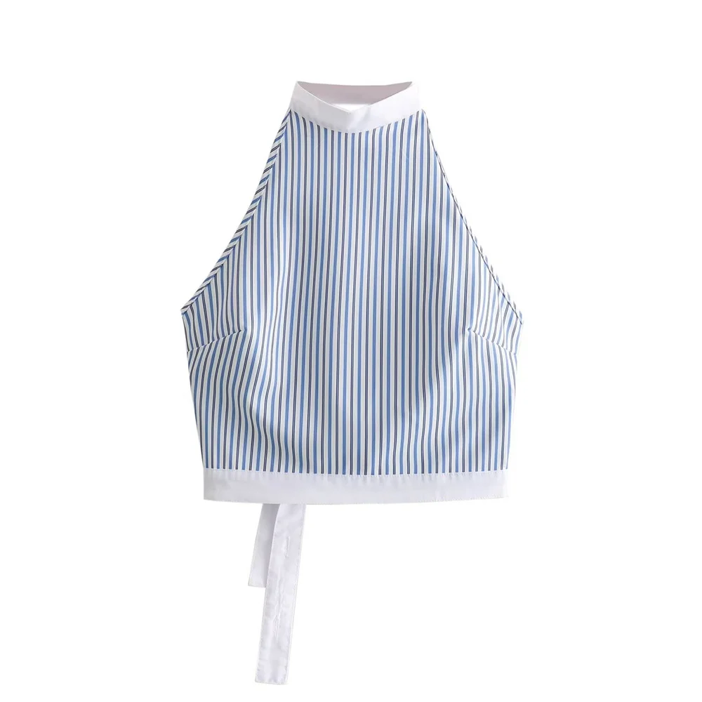 Zach Ailsa 2024 Spring New Product Women\'s Fashion Sexy Striped Poplin Hanging Neck Top Asymmetric Midi Skirt Set