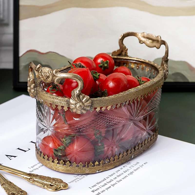 

Brass with engraved glass light luxury jewelry makeup pen storage box coffee table dining table dried fruit snack plate