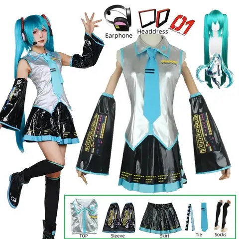 Miku Cosplay Ensemble Complet En Cuir Argenté Tissu Costume Miku Cosplay Chapeaux Costume Tenue JK Robe De Marin Lycée Uniforme