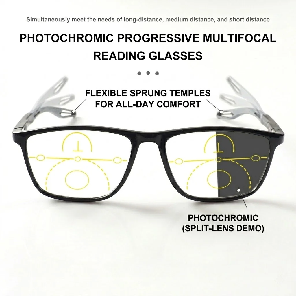 Gafas de lectura multifocales progresivas cuadradas clásicas para hombre, patillas flexibles, montura ultraligera, marca de diseñador de lujo, lentes transparentes 1019