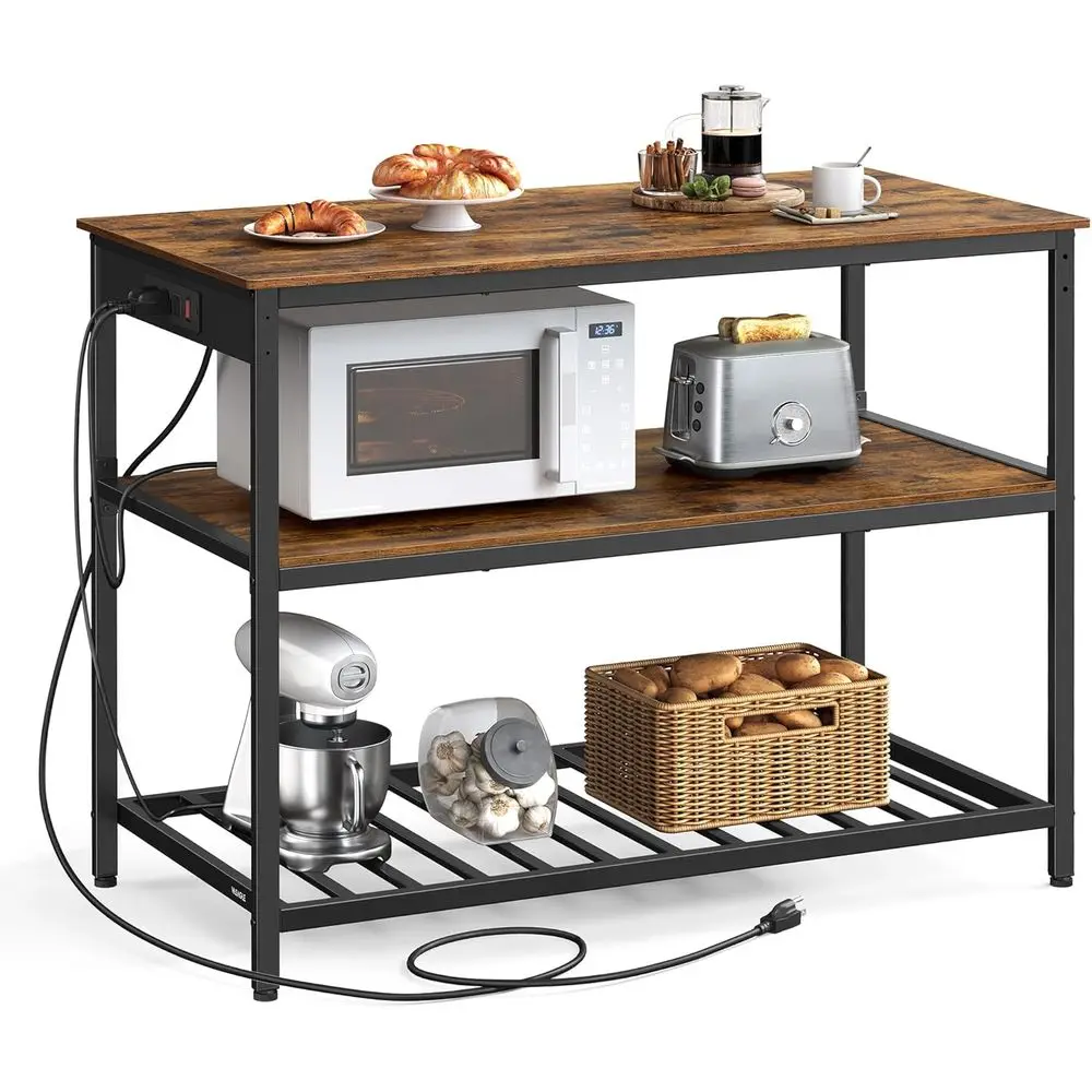 

Kitchen Island with 3 Shelves, 47.2 Inches Width Kitchen Shel with Power Strip, Large Worktop, Stable Steel Structure, Industria