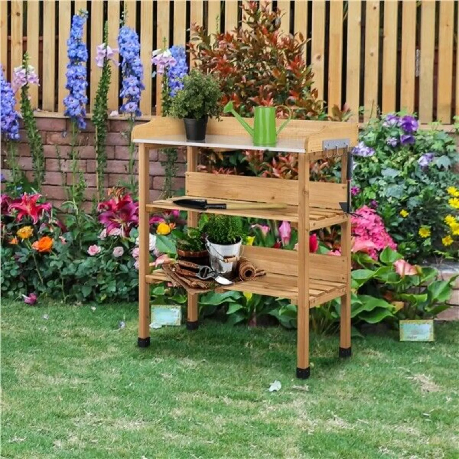 US Garden 3 Tier Potting Bench Table Outdoor Work Station Workbench Natural Wood