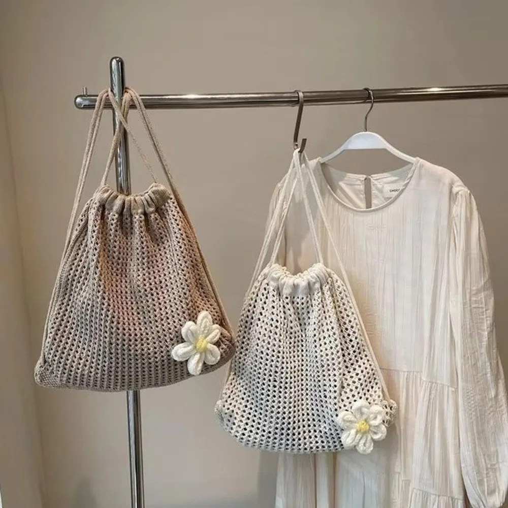 New Large Capacity Crochet Backpack Hollow Out Solid Color Knitting Shoulder Bag Lightweight Shopping Bag Women