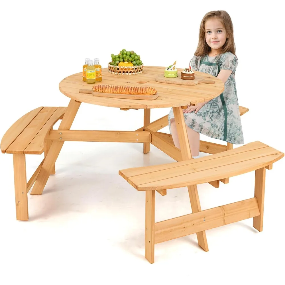 Tavolo da picnic per bambini per 6 persone, panca circolare per bambini in legno di abete con 3 sedili incorporati e foro per ombrellone, mobili per bambini all'aperto