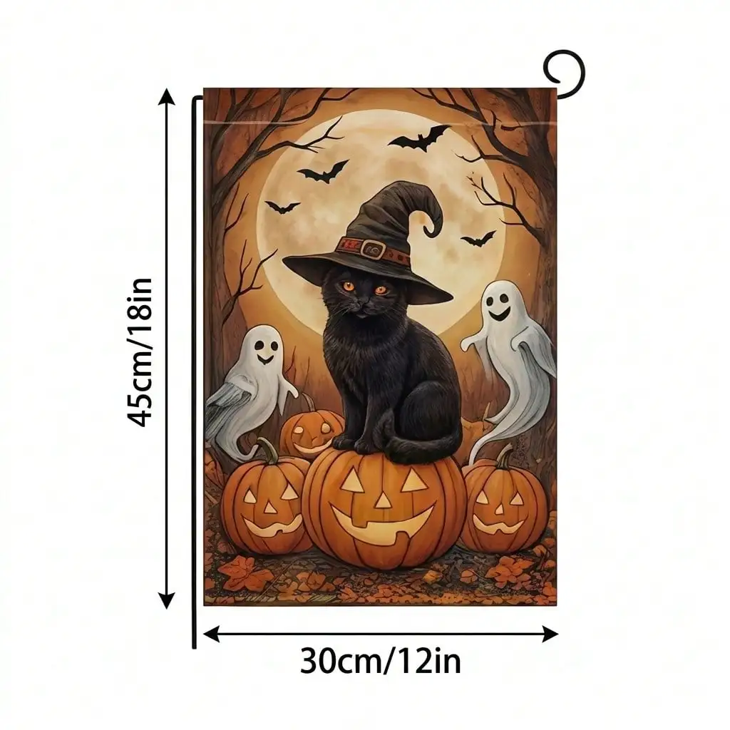 Halloween Garden Flag 12x18 Inches, Spooky Black Cat With Witch Hat On Pumpkin Yard Flag, Vintage Ghost And Bats Outdoor Decor, Double Sided Vertical Banner For Holiday Home Yard Lawn Garden Decoration, Halloween Decorations Outdoor