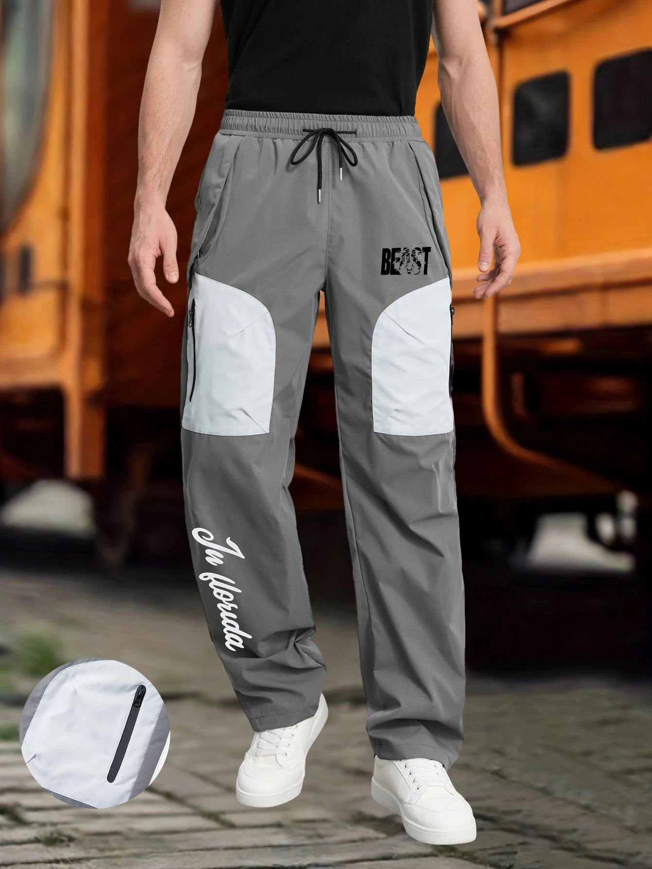 

Men Outdoor Casual Sports Long Pants Solid Color with English Letter Print Fashionable Simple Spring/Autumn Versatile MenLeis