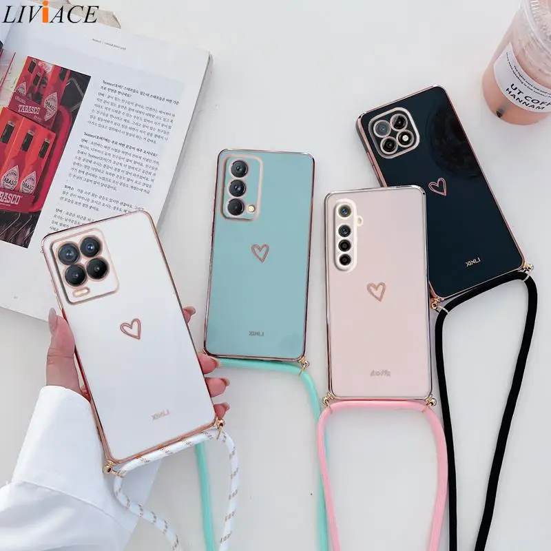 Love Heart Crossbody Lanyard Strap Phone Case For Oppo Realme 8 Pro 5 5i 6i 8i C21 C21Y C11 2021 C25Y Narzo30A GT Master Cover