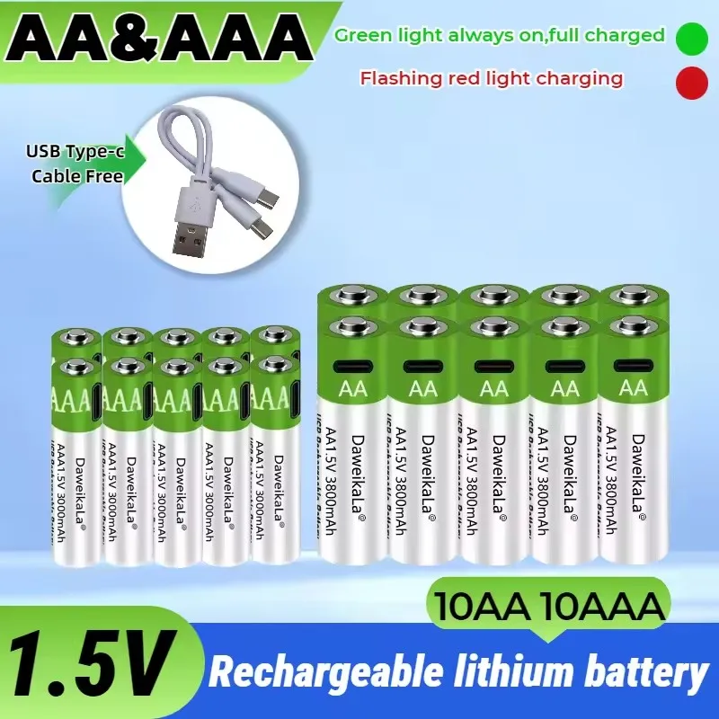 

USB C Rechargeable AA AAA Batteries 1.5V Lithium Ion, 3800mAh AA 3000mAh AAA Fast Charging, for Camera Mouse Keyboard
