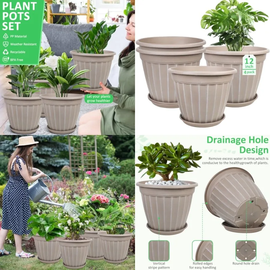 

12 Inch Pots for Plants, 4 Pack Tall Planters, Large Flower Pots with Drainage Hole and Saucer, Decorative Outdoor Planter for