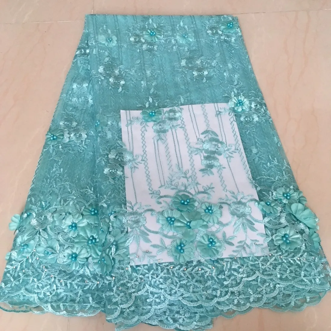 2020 Latest Green Nigerian Lace Fabric High Quality African Tulle Lace Fabric For Wedding 3D Flowers Beaded Nigerian LaceKHX17-1