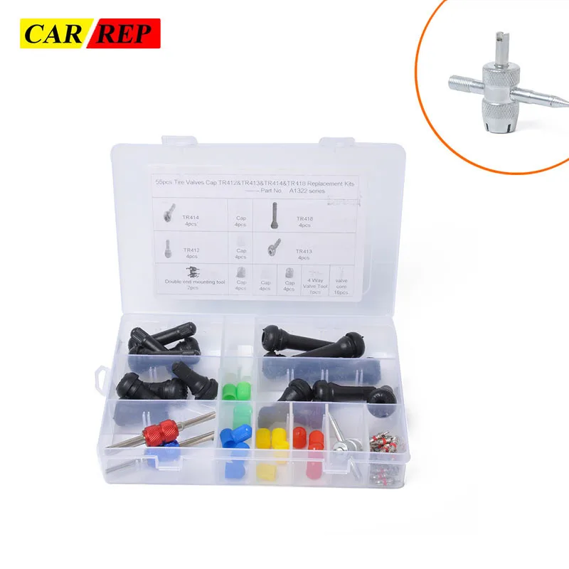 

55pcs Tire Valves Cap Replacement Kits Automobile Vacuum Tire Valve Exchanging ToolKit Including Valve Core TR412 TR413 TR418