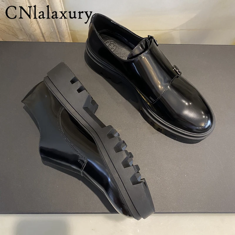 CNlalaxury 2022 New Fashion Genuine Leather England Style Platform Shoes Casual Loafers Women Solid Simple Bright Skin Female