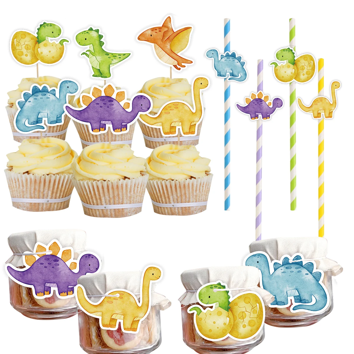 1Set Carton Dinosaur Cupcake Toppers Paper Sticker Straw For Baby Shower Boy\'s Dinosaur Birthday Party Decor DIY Gifts Wrapping