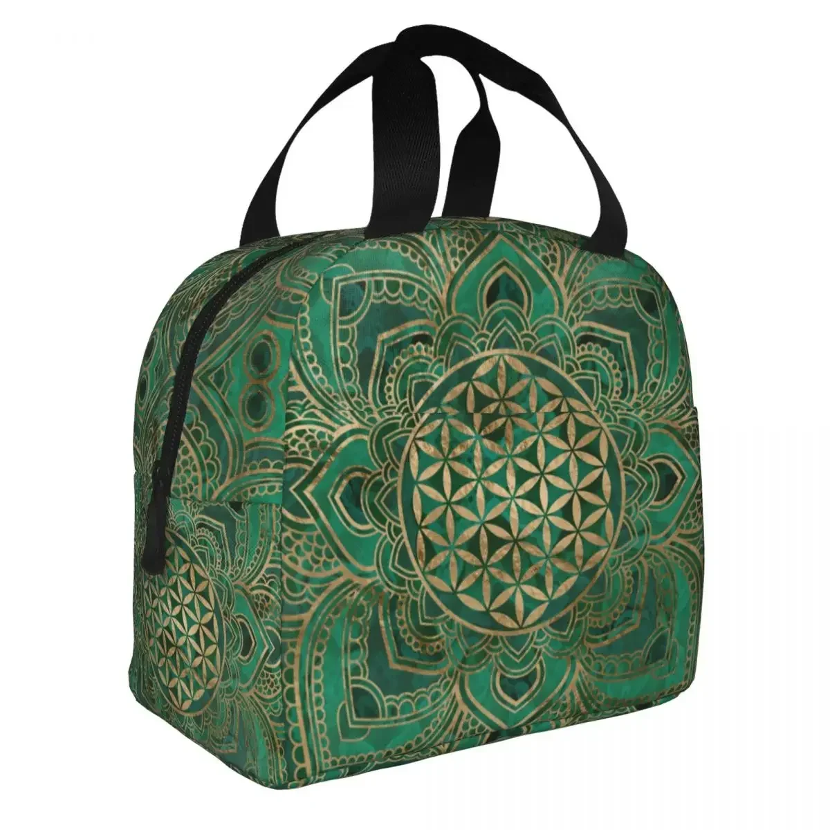 Lunch Bags for Men Women Flower Of Life In Lotus Malachite And Gold Insulated Cooler Portable Picnic Mandala Canvas Lunch Box