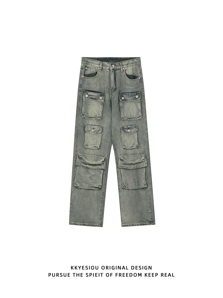 

KKyesiou American High Street Vintage Washed Denim Jeans Men Women Casual Pants Multiple Pockets Design Youth Leisure Trousers