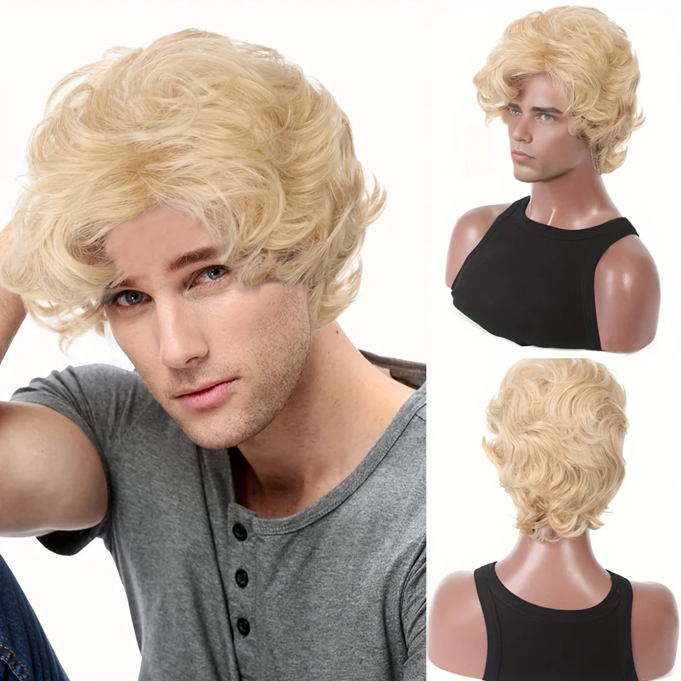 Peluca rubia para hombre, peluca sintética corta ondulada y esponjosa, peluca para disfraz, fiesta diaria, cosplay, peluca de Halloween para hombres